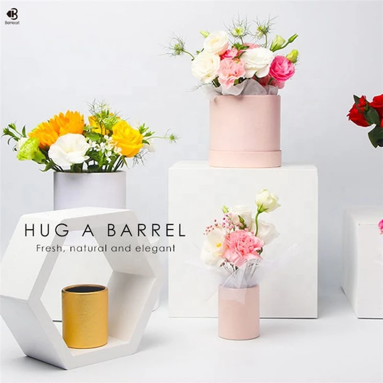 Beheart Black White Single Rose Gift Handle Lid Paper Bouquet Hug Barrel Gold Pink Mini Round Flower Box