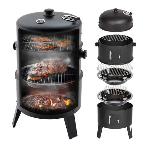 Black Portable Vertical Multi-layer Steel Heavy Duty Round Charcoal Smoker For Outdoor Cooking