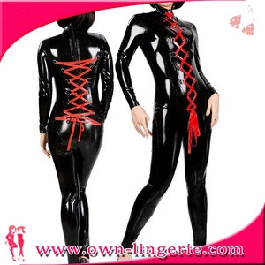 Black PVC Leather catsuit sey leather costumes laced up Shiny wet look catsuit