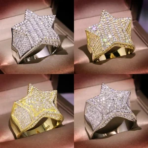 Bling Mens Rings Fashion Hip Hop New Arrival Five Star Pentacle Iced Out Five Pointed Star Shape Design Big Gold Ring for Men