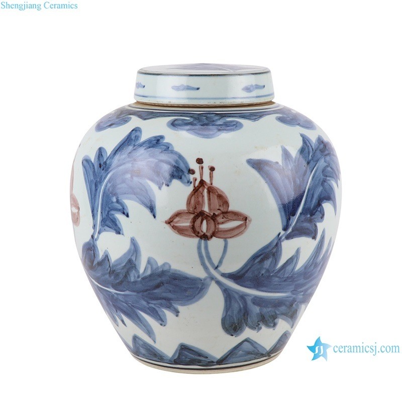 Blue and White Porcelain Red Glazed Flower Porcelain Storage Holder Ceramic Tea Pot Canister
