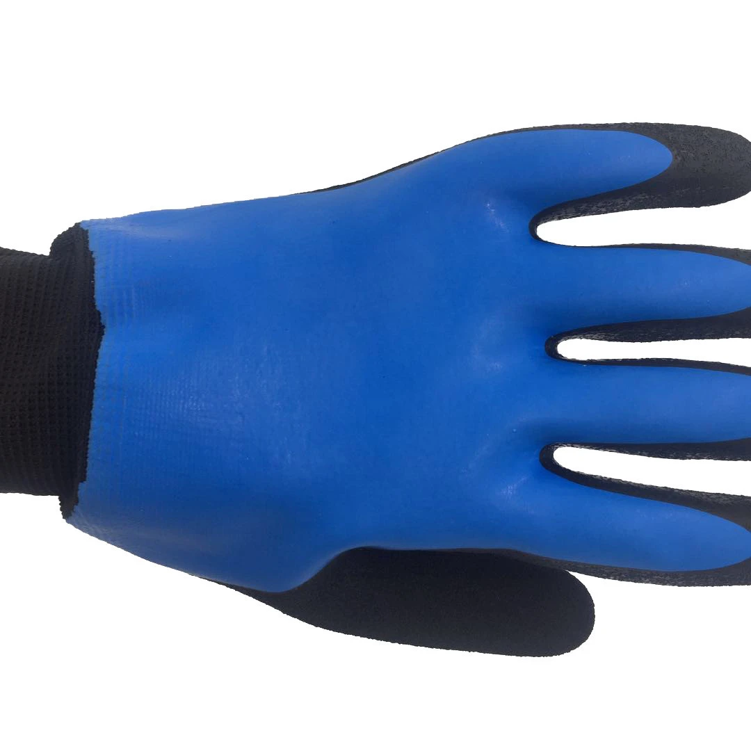 Blue Latex rubber sandy coated Double layer terry liner non slip/warm/waterproof/wear resistant winter Safety  Work Gloves