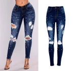 Bulk wholesale top quality navy blue women ripped Jeans soft ladies jeans pants