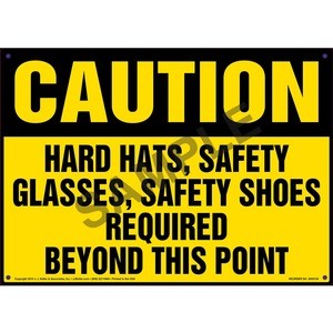 Caution: Hard Hats, Safety Glass, Safety Shoes Required Sign - 14&quot;x10&quot; Aluminum with Rounded Corners