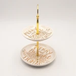 Cheap wholesale gold decaled 2 layers white porcelain cake plate