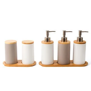 China Manufacturer White and Brown Porcelain 5 Piece Ceramic Bathroom Accessory Sets with Wooden Tap
