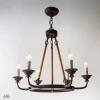 classic 6-lights decorative rustic iron chandelier farmhouse jute rope pole pendant light