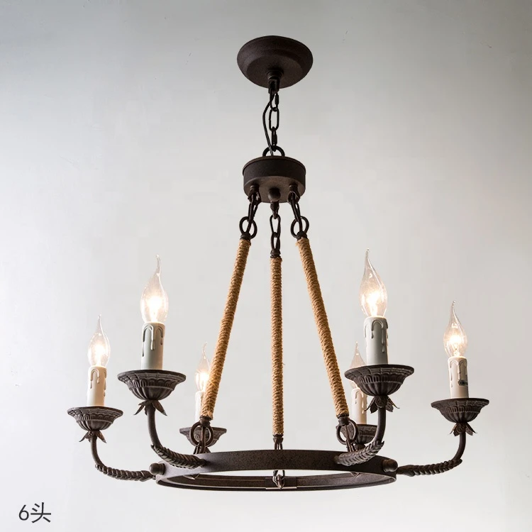 classic 6-lights decorative rustic iron chandelier farmhouse jute rope pole pendant light
