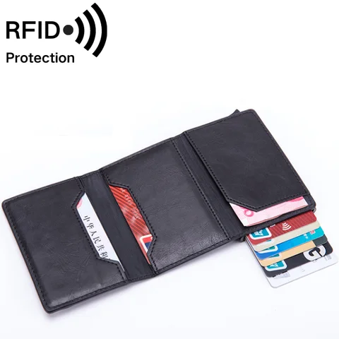 Credit Card Holder RFID Blocking Leather Automatic Pop Up Wallet Aluminum Slim Pocket Bifold Business Card Case