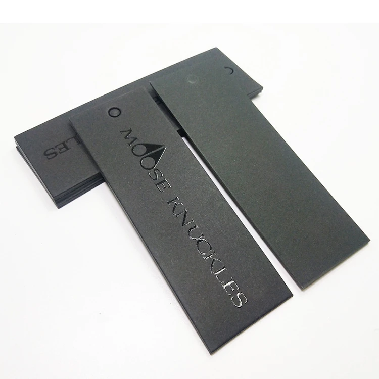 Custom black gloss logo paper hang tags, UV clothing swing tag