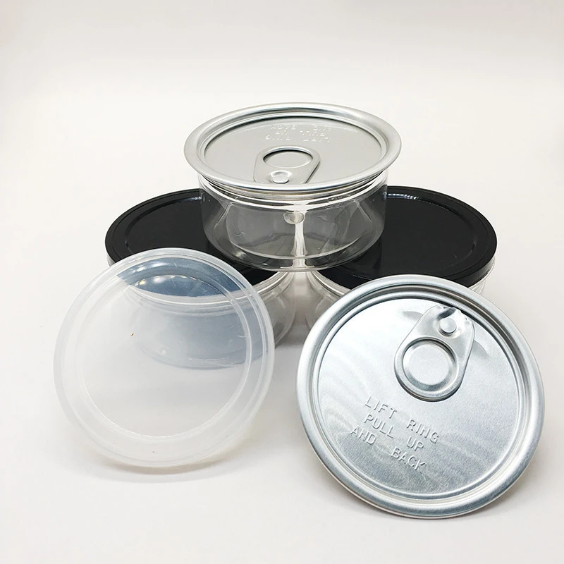 Custom labels easy open plastic tin can with ring pull aluminum lid dried fruit peanuts clear pet jar cans