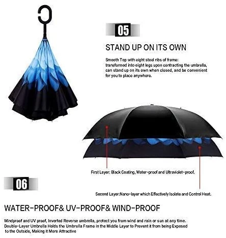 Customized Logo Creative Double-Layer C-Shaped Hand-Free Long Handle Reverse Umbrellas//