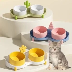 Cute Pet Food Water Bowl Elevated Cat Dog Bowls With Wooden Stand With Double Ceramic Bowls Raised Feeder