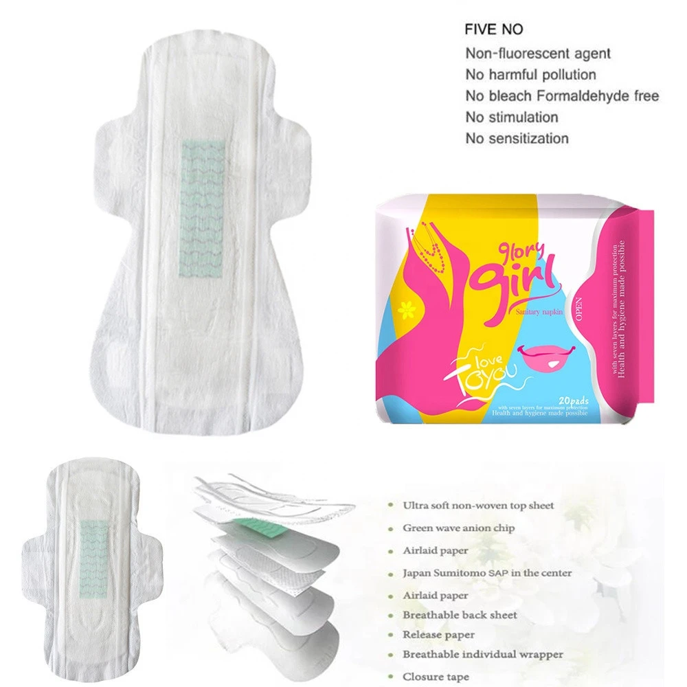 Disposable Breathable Biodegradable Menstrual Anion Votton Bamboo Fiber Pad Sanitary Napkin for Women Period Raw Material