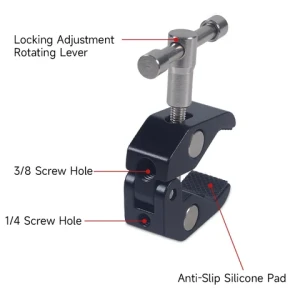 DSLR camera monitor LED studio light, equipped with an adjustable friction hinge magic arm super clamp crab pliers