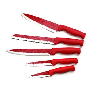 Eco-friendly non-stick coating 5pcs red color kitchen knives set with PP handle