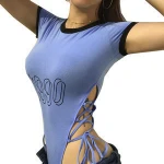 Europe and America Summer Short-sleeved T-shirt Female Sense Straps Hollow Letters Base Body Shaping Onesets