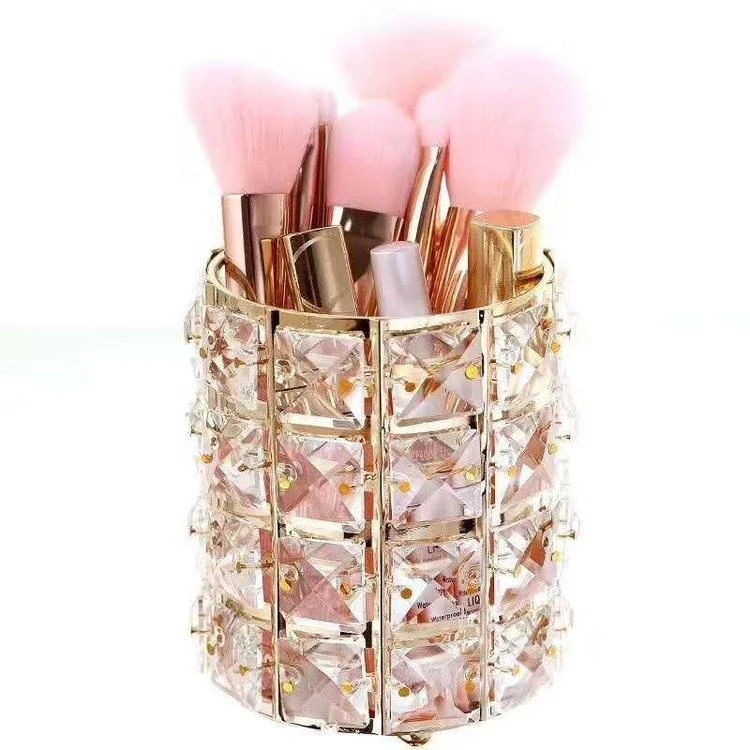 European light luxury diamond crystal pen holder cosmetic brush storage box metal storage and finishing tools