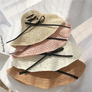 Fashion Women Summer Vacation Hand Woven Straw Hats For Sun Visor Bow Beach Sun Folding