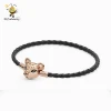 Fit Gifts Black Leather Bracelet Set With Rose lioness Charms 925 Sterling Jewelry