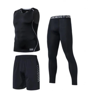 Fitness clothing mens summer three-piece sports suit quick-drying T-shirt vest tights running sportswear gym