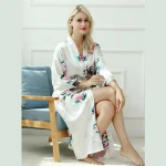 Floral Print Belted Night Robe 3/4 Sleeve Women Satin Nightgown Sleepwear HSR6450