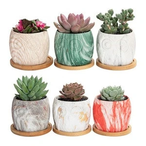 Free sample Round Marbling Ceramic Succulent Pots Cactus Planter Flower Pot Container with Bamboo Tray Drainage