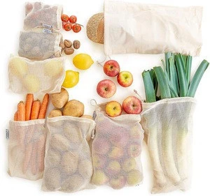 GoEco Reusable Fruit Bags and Vegetable Bags Set of 4 Fruit Net Vegetable Net Including Bread Bag Shopping Net Made of Cotton#