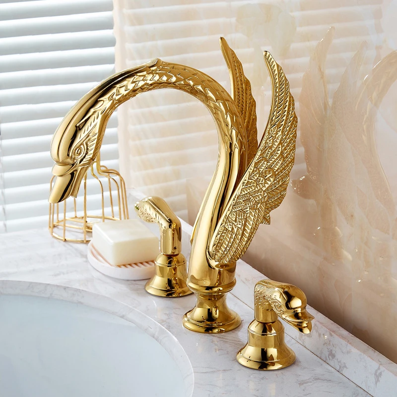 Gold Polished Swan Shape Widespread 3pcs Bathroom Sink Faucet 2 Handles Vanity Basin Mixer Tap