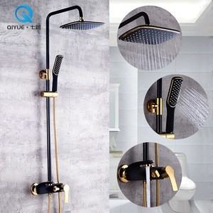Good price hotel bathroom wall mounted black and gold plated brass rain bath shower mixer set