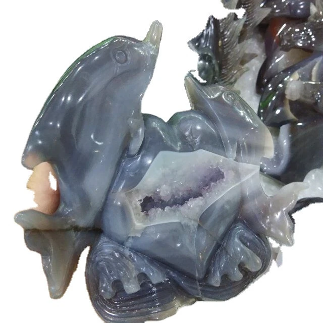 Hand Carved Natural Agate Geode Carving Crystal Dolphin Statues For Crystal Craft Decoration