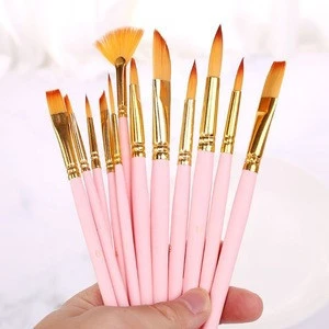 HAOFENG 12pcs Pink Nylon Artist Brush Set with Fan-shaped Watercolor Brush Set  for Watercolor Acrylic Oil Gouache Painting