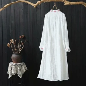 High quality solid color flower embroidered traditional chinese clothing women linen dress
