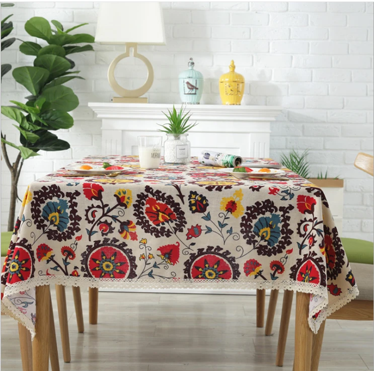 High quality Sun flower linen tablecloth for home  / Vintage ethnic style printing tablecloth for hotel