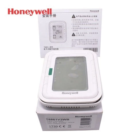 Honeywell T6861 2/4 pipe fan-coil Series Digital Thermostat with a large blue backlit screen for havc systems