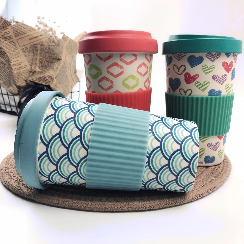 In stock biodegradable eco friendly reusable bamboo fiber 12OZ coffee cups with lids