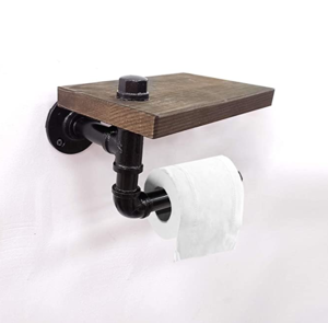 Paper Tower Holder Wall Mount, Industrial Toilet Paper Holder With Wood Shelf, Wrought Iron Pipe Tissue Holder For Bathroom, Washroom, Black