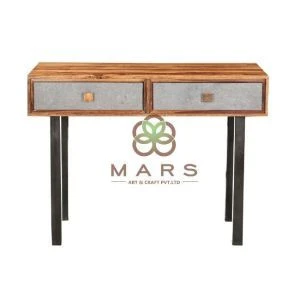 Industrial Vintage Style Mango Wooden 2 Drawer Console Table With Iron Leg Black Powder Coated Finish