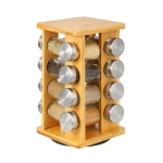 Kitchen Countertop Wood Revolving Tower 4 Tier 16 Glass Jars Holder Condiment Spice Rack Organizer Rotating