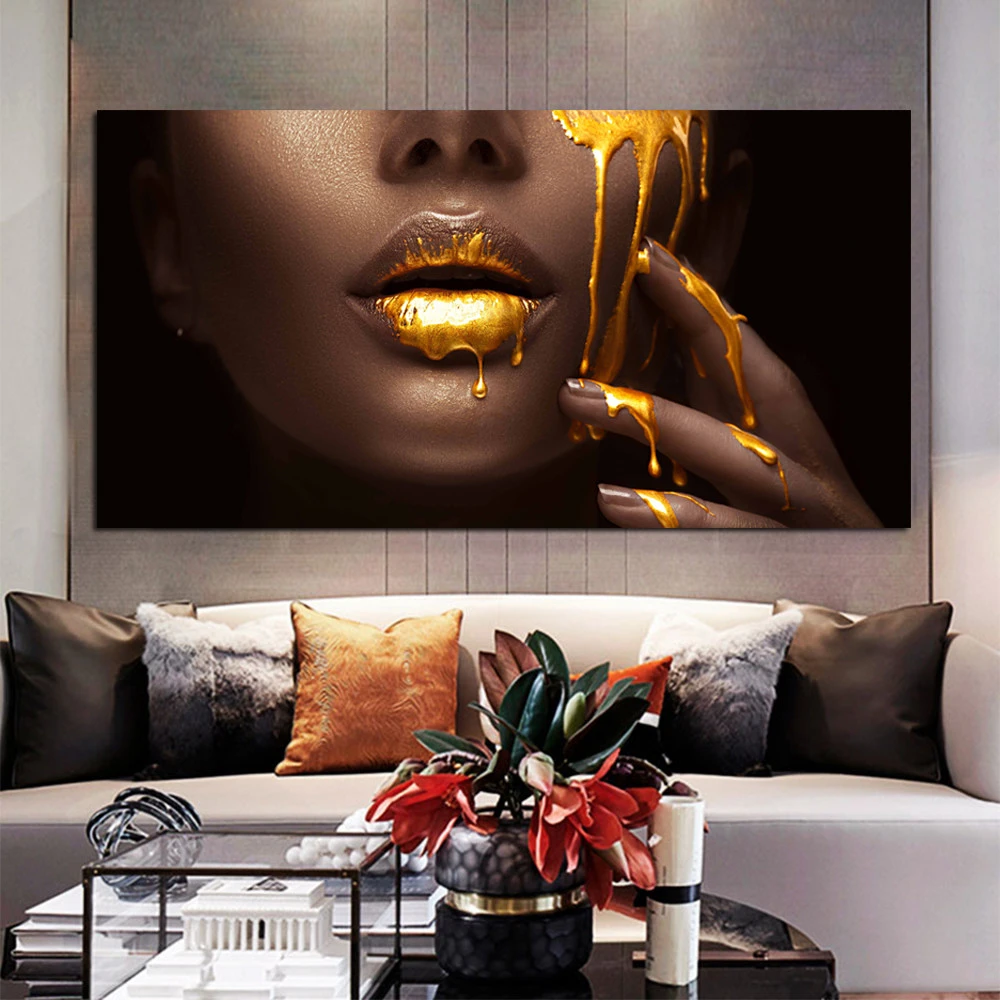 Large Size Golden Lip Modern Portrait Poster Prints Wall Art Canvas Painting Women Pictures for Living Room Home Decor