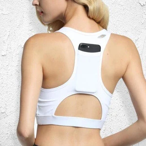 Low price shockproof sports bra with pockets on the back to hold the phone without steel ring