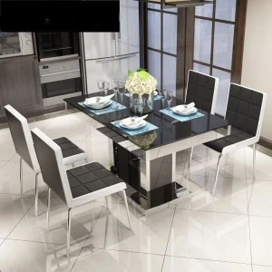 Modern simple tempered glass dining table rectangular stainless steel glass dining table and chair combination