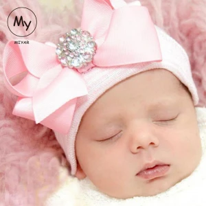 MY Miyar 0-3 Months Hospital Newborn Baby Hats Cotton Beanie Soft Knit Tire Striped Infant Caps toddlers Hats With Bow