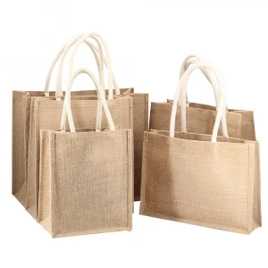 Natural burlap blank tote bag eco-friendly tote bag reusable jute shopping bag with cotton handle customized logo