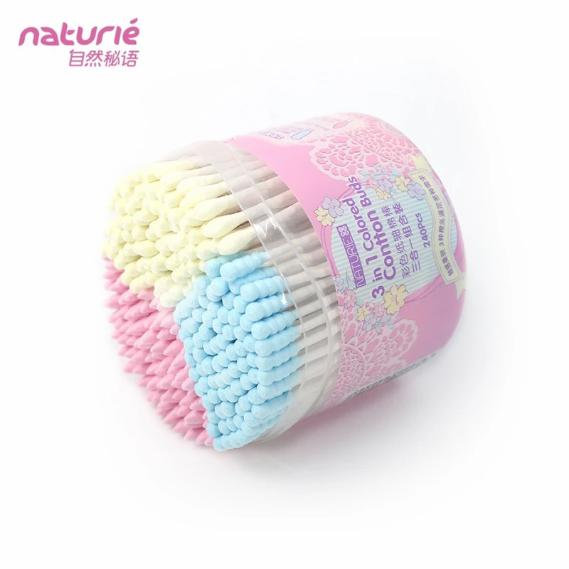 Naturie 100%  high-quality cotton buds Wholesale bamboo material stick cotton buds swabs 3 in 1 Colored cotton buds