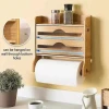 New Kitchen Storage Rack with Bamboo Storage Box Plastic Wrap Tin Foil Paper Cutter for Seasoning Wall-mounted Home Bathroom Use