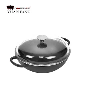 new round bottom double ear cast iron wok  pre-seasoning physical non-stick pan with glass lid