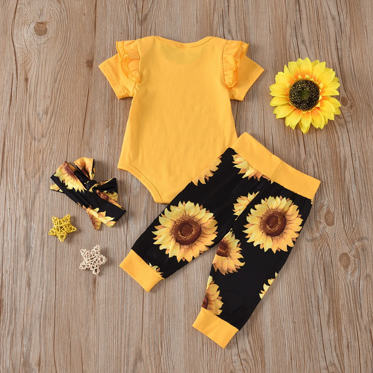 Newborn  Cute Clothing Set  Girl Letter Romper summer  Bodysuit Sunflower Print Pants Headband 3pcs Outfits