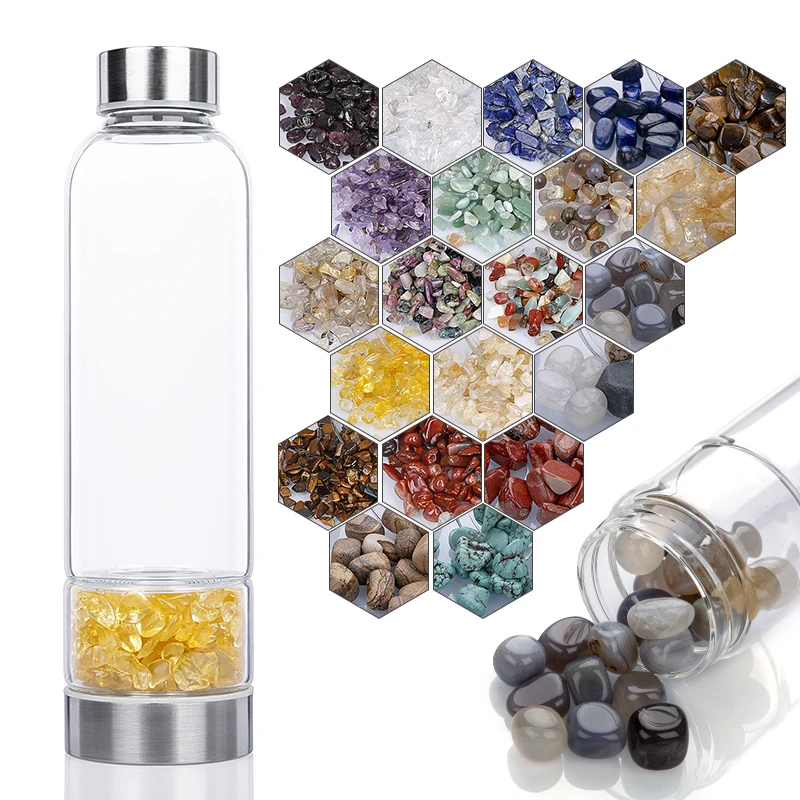 Newest Popular Bamboo Crystal Water Bottle, Gemstone Water Bottles, Chips Hexagonal Natural Tumbled Stone Infused Water Bottle