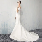 Off shoulder ruffles bodycon mermaid trumpet satin wedding dress bridal gown